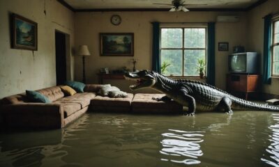 crocodile swims during flood