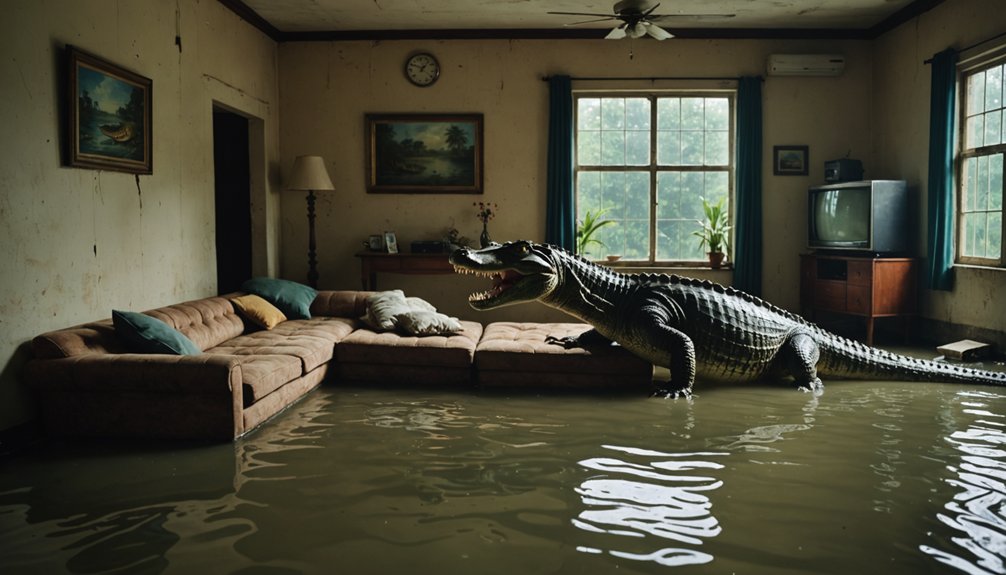 crocodile swims during flood