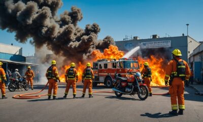 firefighters extinguish motorcycle workshop fire